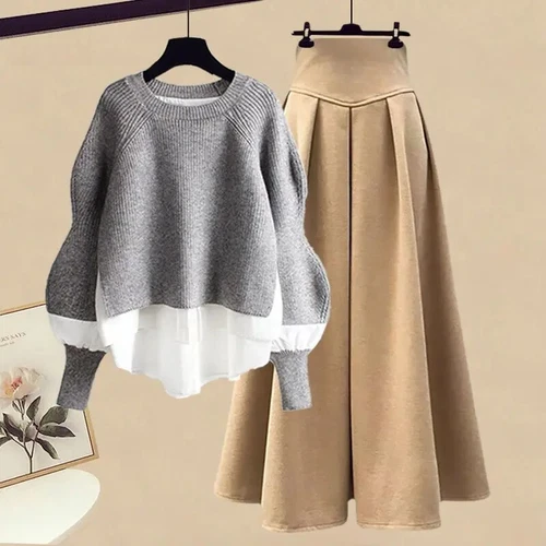 Herbst/Winter zweiteiliges Strickpullover-Set Kleid passend Damenrock Set - Bild 33 von 36
