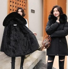 Women Winter Warm Thicken Padded Parka Jacket Large Faux Fur Collar Hooded Coat