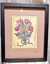 VTG Print by Mary Hughes "Tulips” Signed With Frame Under Glass 15 1/2 x 12 1/2"