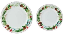 MIKASA Christmas Bone China Foliage Berry Pinecone Dinner & Salad 8-Pc Plate Set