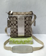 Coach Signature Brown Canvas Zipper Closure Crossbody Bag