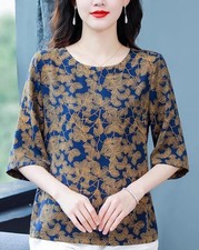 Chic Women's Silk Round Neck Short Sleeve Floral Mother Shirt Short Tops Summer