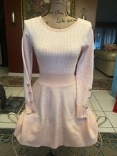 SheIn Pink White Knit Houndstooth Fit & Flare Long Sleeve Dress Button Size M