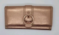 Coach Wallet All Leather Envelope 8x4 Large Buckle Gold Pink Metallic Clutch 