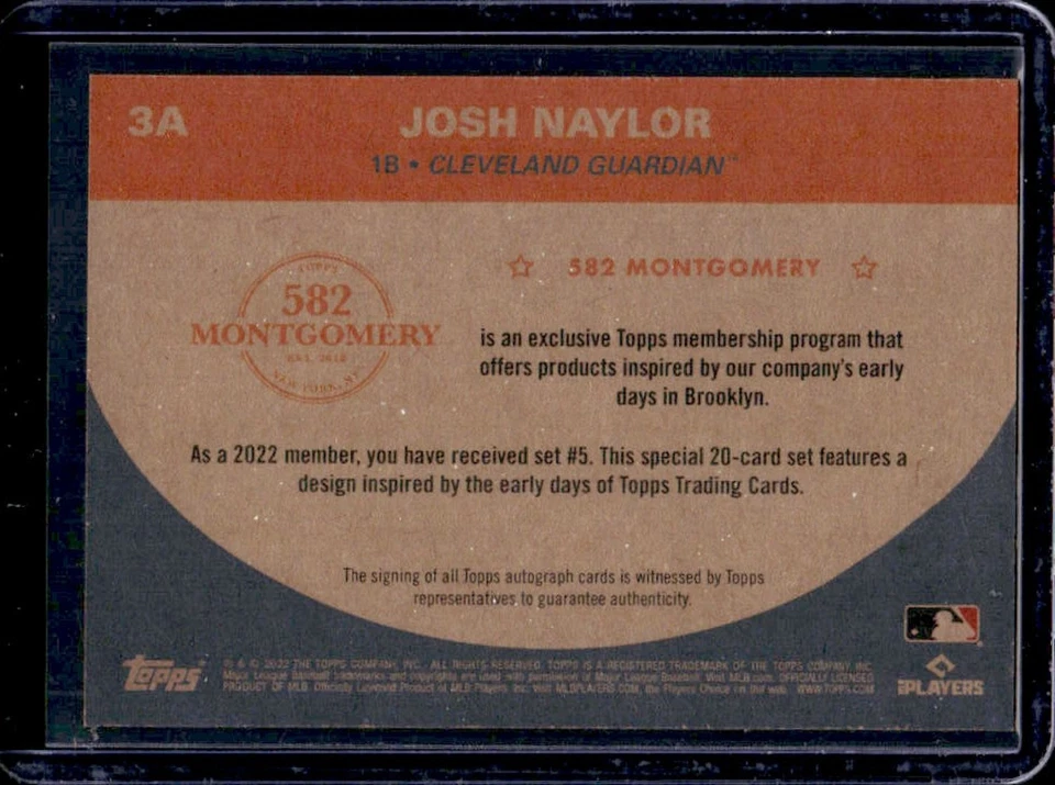 2022 Topps 582 Montgomery Club Set 5 Josh Naylor Auto #3A Guardians - Image 2 of 2