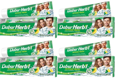 4 X Dabur Herbal Natural Intense Fresh Mint & Lemon Zahnpasta GRATIS Zahnbürste
