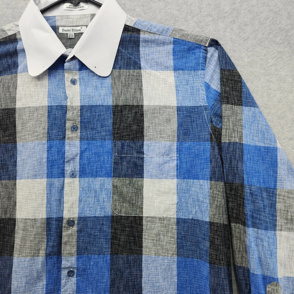 Camisa Daniel Ellissa Para Hombre 17.5 36-37 Azul Gris A Cuadros Puño Francés Cuello en Contraste Foto 3 de 4