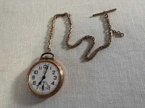 Antique Elgin Railroad Gold Washed Pocket Watch and Watch Chain Needs Repair