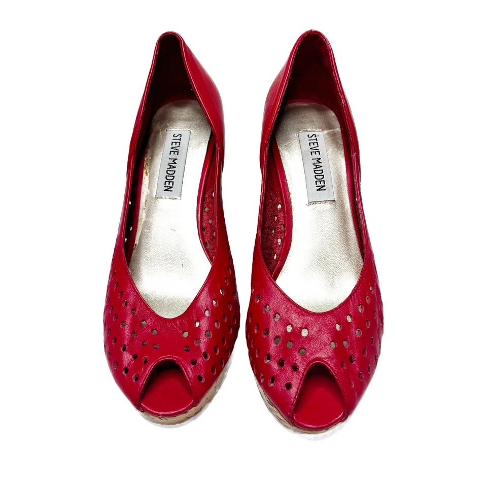 Steve Madden Plataforma Visible Punta Abierta Tacones de Cuña Cuero Rojo Perforado 6 B  Foto 3 de 4
