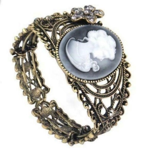 Victorian Steampunk Antiqued Brass Cameo Filigree Cuff Bracelet - Picture 4 of 7