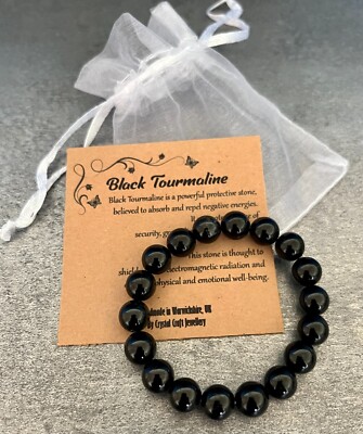 SCHWARZER TURMALIN Armband dehnbar Handarbeit +Geschenktüte +Karte Kristall Edelstein 8mm