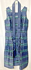 TALBOTS SHEER STRIPE FIT & FLARE DRESS WOMENS 12 NAVY BLUE & GREEN W/ TIE