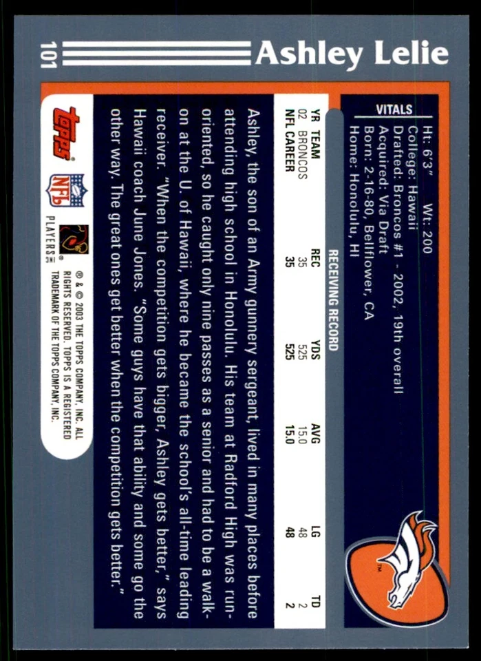 2003 TOPPS ASHLEY LELIE DENVER BRONCOS #101 - Image 2 of 2