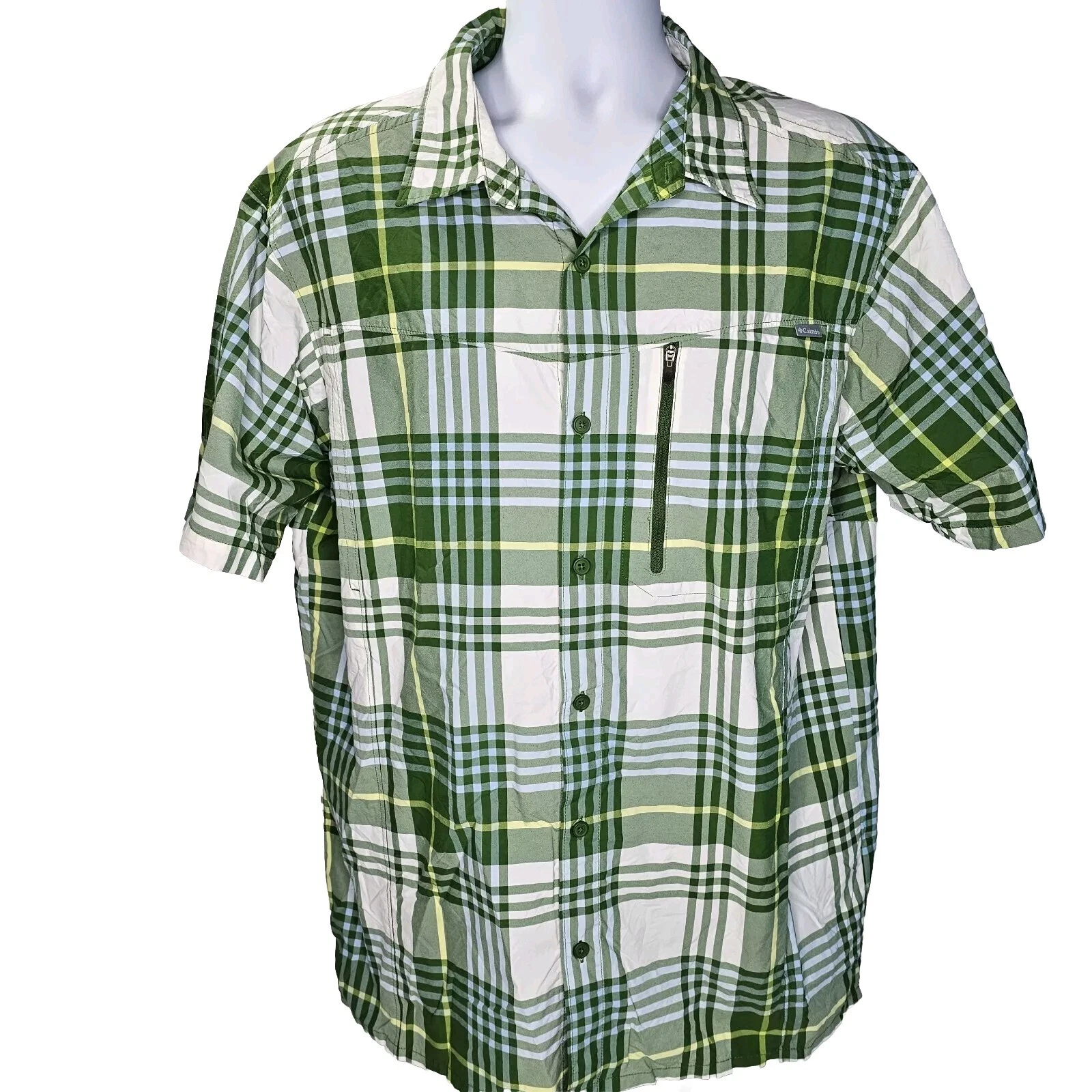 Columbia Fishing Shirt Men XL Green Plaid Short Sleeve Vented Casual Performance