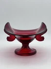 Vintage Fenton Glass Ruby Red Double Dolphin Handle Footed Compote Candy Dish