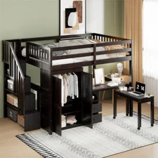 Full Size Wood Loft Bed w/Storage Stairs,Desk,Wardrobe & Movable Table-Espresso 