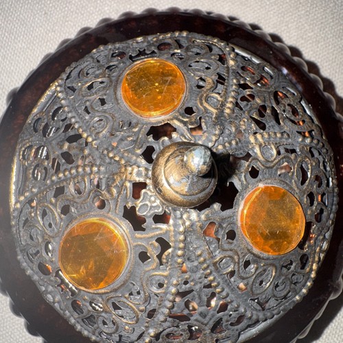 Mercury Glass Design With Ornate Filigree Metal Top With Amber Color Gems - Picture 2 of 6