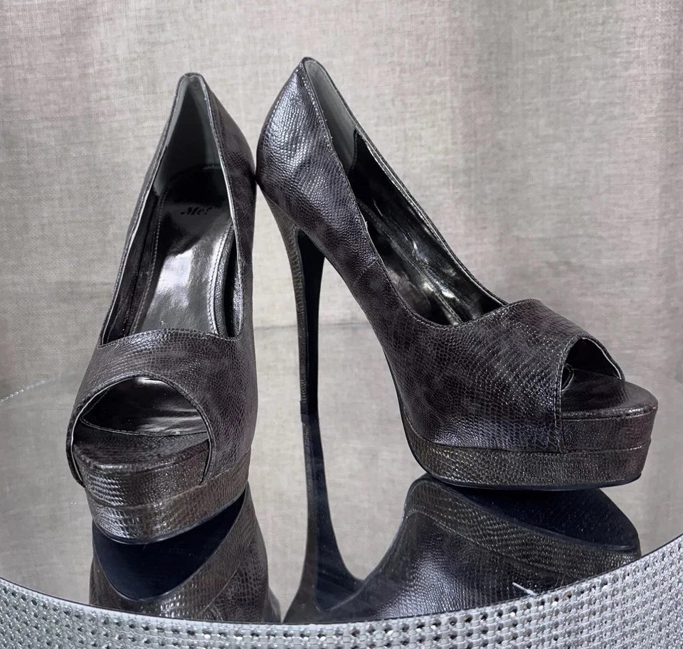 Y2K 复古 Miss Me 尺码 10 露趾细高跟鞋青铜人造蛇皮高跟鞋 — 第 2/4 张图片