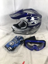 DOT Youth Kids Motocross Bike Helmet Youth,Goggles,Gloves,Blue Flame,Small