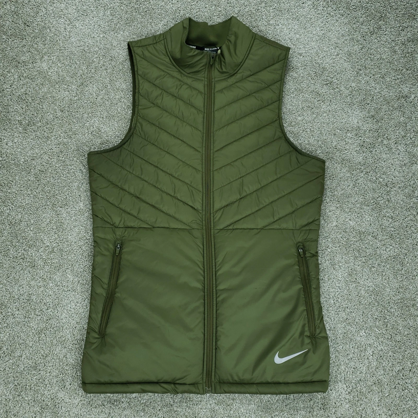 Nike Running Vest Mens Small Green Aerolayer Quilted Insulated Full Zip Puffer