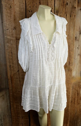 Free People White Lacy Ruffle Shirt Tunic Top Dress Size Small