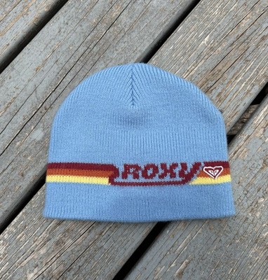 Women's Vintage 2000's Roxy Striped Logo Beanie Blue Y2K Surf