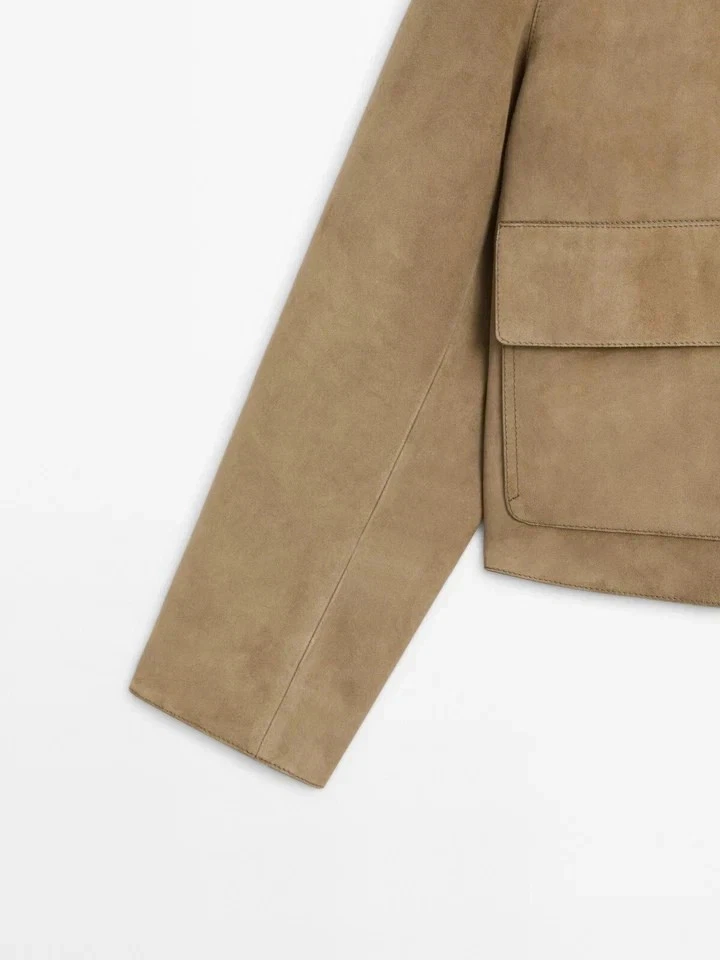 Lo último en chaqueta de cuero de gamuza para mujer | Chaqueta vintage recortada beige con bolsillos Foto 4 de 4