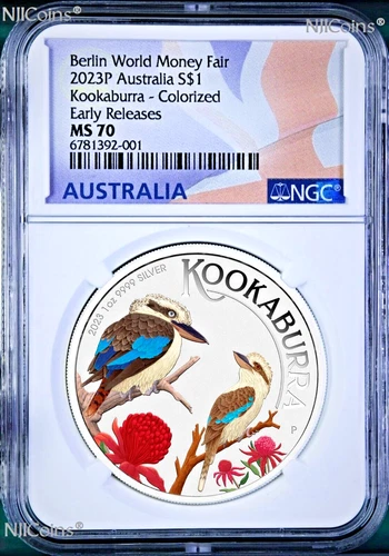 2023 Berlin Show WMF Australia Kookaburra Silver NGC MS70 1oz $1 Coin ER Flag LB