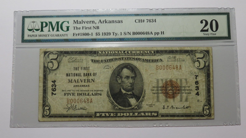 $5 1929 Malvern Arkansas AR National Currency Bank Note Bill Ch. #7634 PMG VF20 - Picture 1 of 4