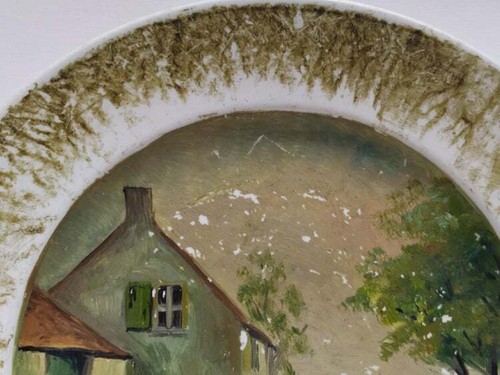 Antico dipinto ad olio Boch La Louviere piatto decorativo da appendere a parete cantato - Foto 4 di 12