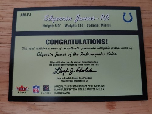 Camiseta Fleer Platinum 2003 Edgerrin James Alma Materials, tarjeta #AM-EJ - Imagen 2 de 2
