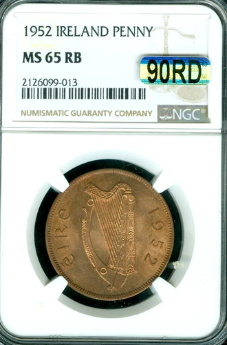 1952 IRELAND ONE PENNY NGC MS65 RB  MAC 90RED 90RD 2ND FINEST GRADE *