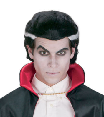 Halloween Wig Black Vampire Black Hair White Streaks Gothic Reg