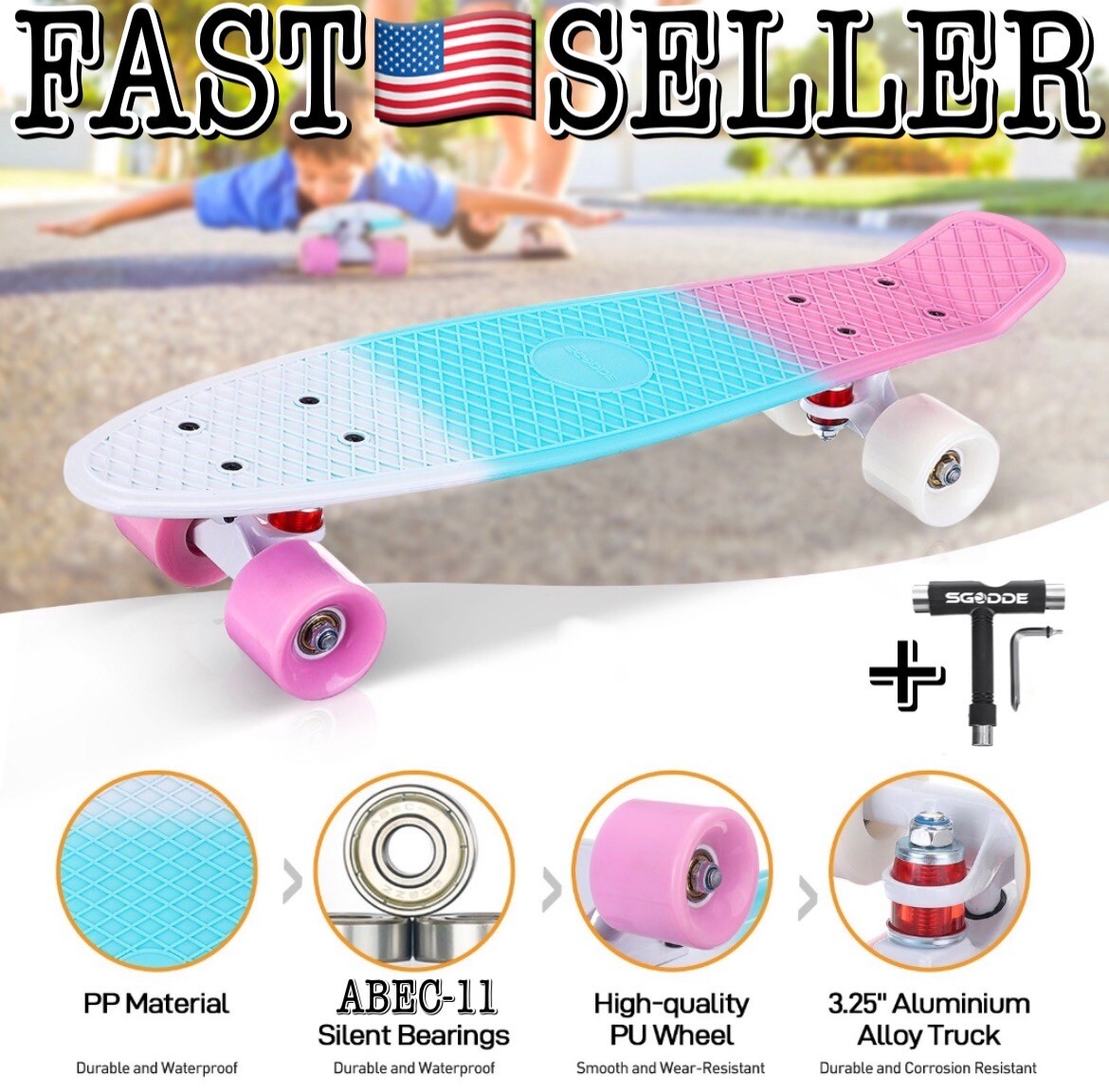 Mini Skateboard Pro Complete Cruiser de 22"" para niños de arranque con rodamientos ABEC-11