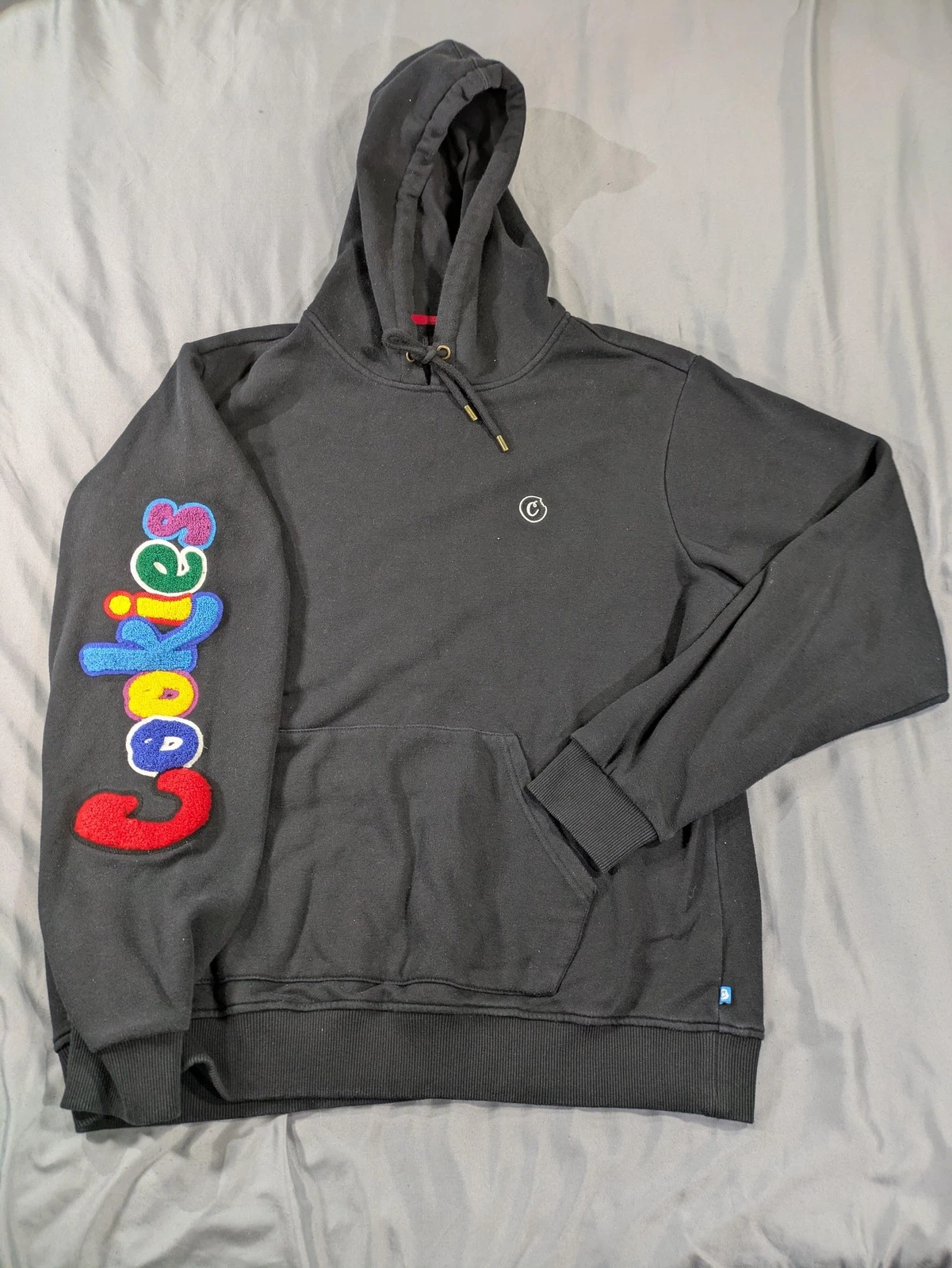 Cookies Hoodie Mens XL Black Colorful Chenille Logo Sleeve Pullover Sweatshirt