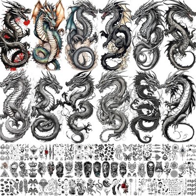 76 Sheets Realistic Dragon Temporary Tattoos For Men Women Adults Legs, Imper...