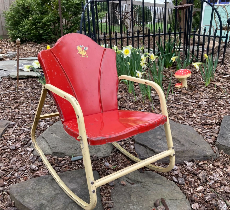 DE COLECCIÓN MECEDORA BALANCÍN CONCHA DE ALMEJA DE METAL ROJO PORCHE PATIO CÉSPED Foto 2 de 4