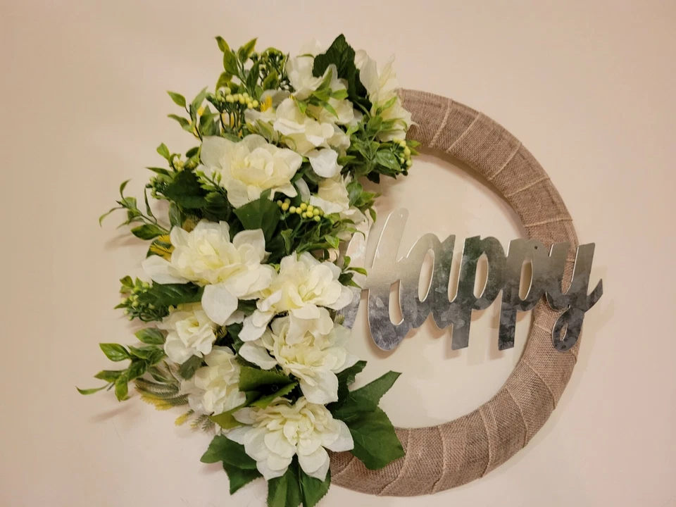 FELIZ branco verde Dália Zinnias estopa GRINALDA flores decoração porta da frente 16" novo - Imagem 2 de 4