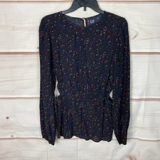 Gap Top Womens M Tall Black Confetti Print Blouse Cut Out Elastic Waist Pullover