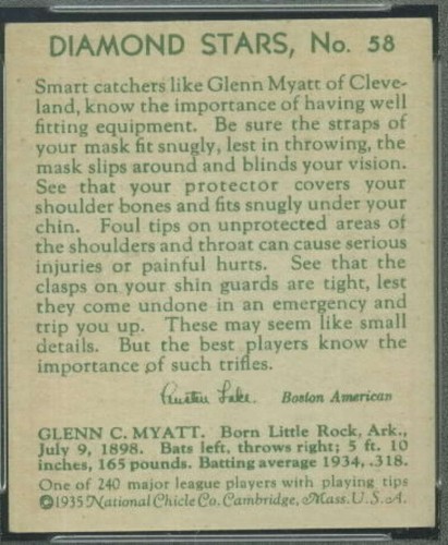 1935 Diamond Stars #58 Glenn Myatt PSA 8 Indians (8035) - Picture 2 of 2