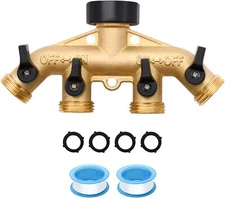 1 Pack 4 Way Hose Splitter, Heavy Duty Brass Garden Hose Splitter, for 3/4"Hose