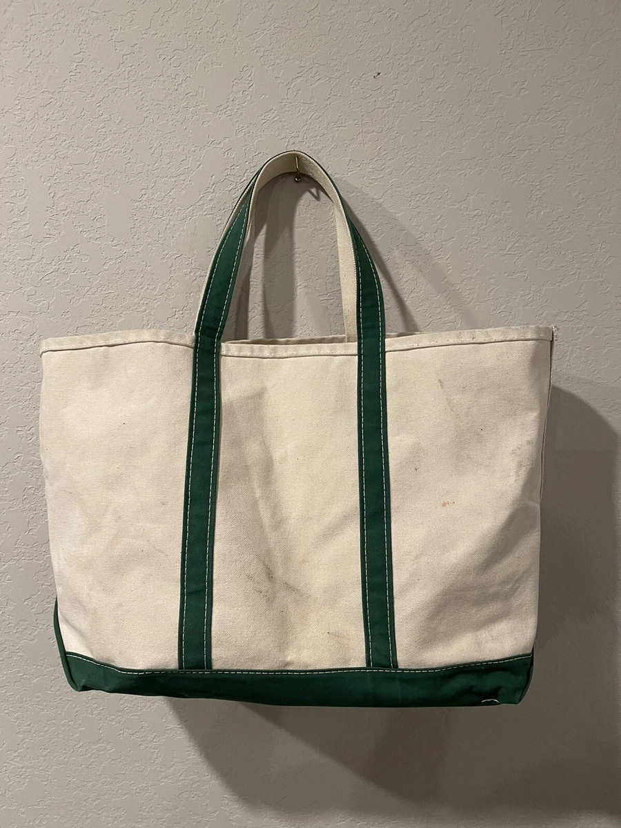 LL Bean Boat and Tote Extra Large Bag Green White Canvas USA MADE VINTAGE