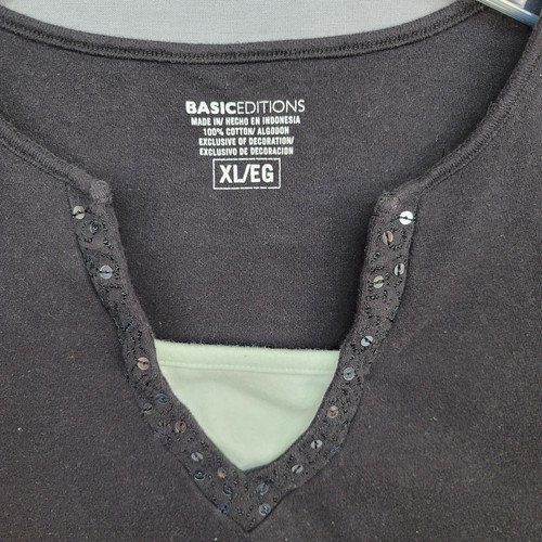 BASIC EDITIONS WOMAN KNIT TOP-SHORT SLEEVE SIZE XL Black White Stud Collar - Picture 2 of 11