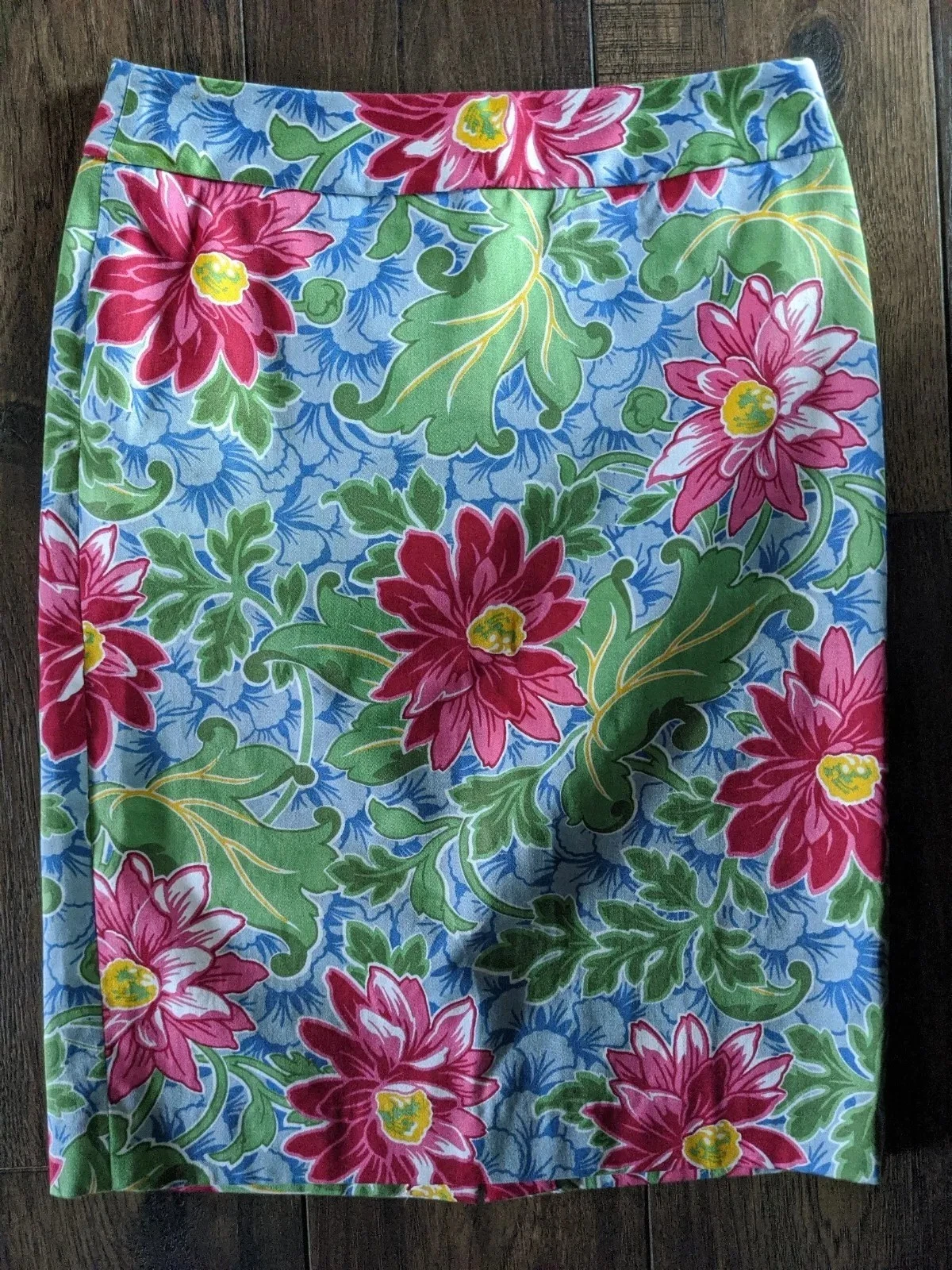 Talbots Womens Blue Pink Green Multicolor Floral 100% Cotton Pencil Skirt Size 4