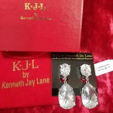 Kenneth Jay Lane KJL Clear Crystal Tear Drop Clip On Earrings New With Tags Box