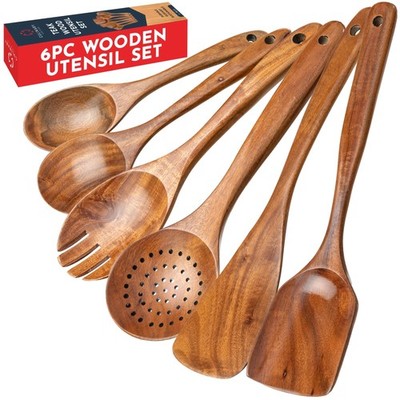 Teak Wooden Utensil Set 6-Piece - Smooth Finish Wooden Spoons for Cooking - C...