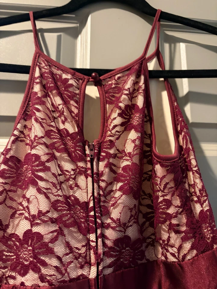 Vestido de fiesta de vacaciones para niñas talla 10 granate encaje tul alto bajo Navidad formal Foto 4 de 4