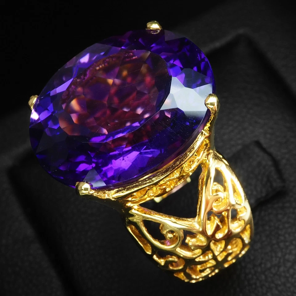 Anillos brillantes de oro de 24 quilates de plata de ley 925 ovalados de amatista violeta índigo de 14,70 quilates Foto 4 de 4