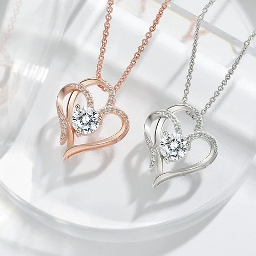 Zircon Double Love Necklace With Rhinestones Ins Personalized Heart-shaped... - product listing photo