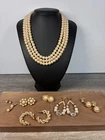 VINTAGE FAUX PEARL GOLD TONE JEWELRY LOT-RHINESTONES- 7 pairs earrings+ necklace